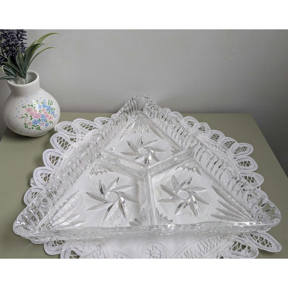 Vintage Crystal Divided Serving Dish, Pinwheel Cut Glass, 3 Section Relish Tray